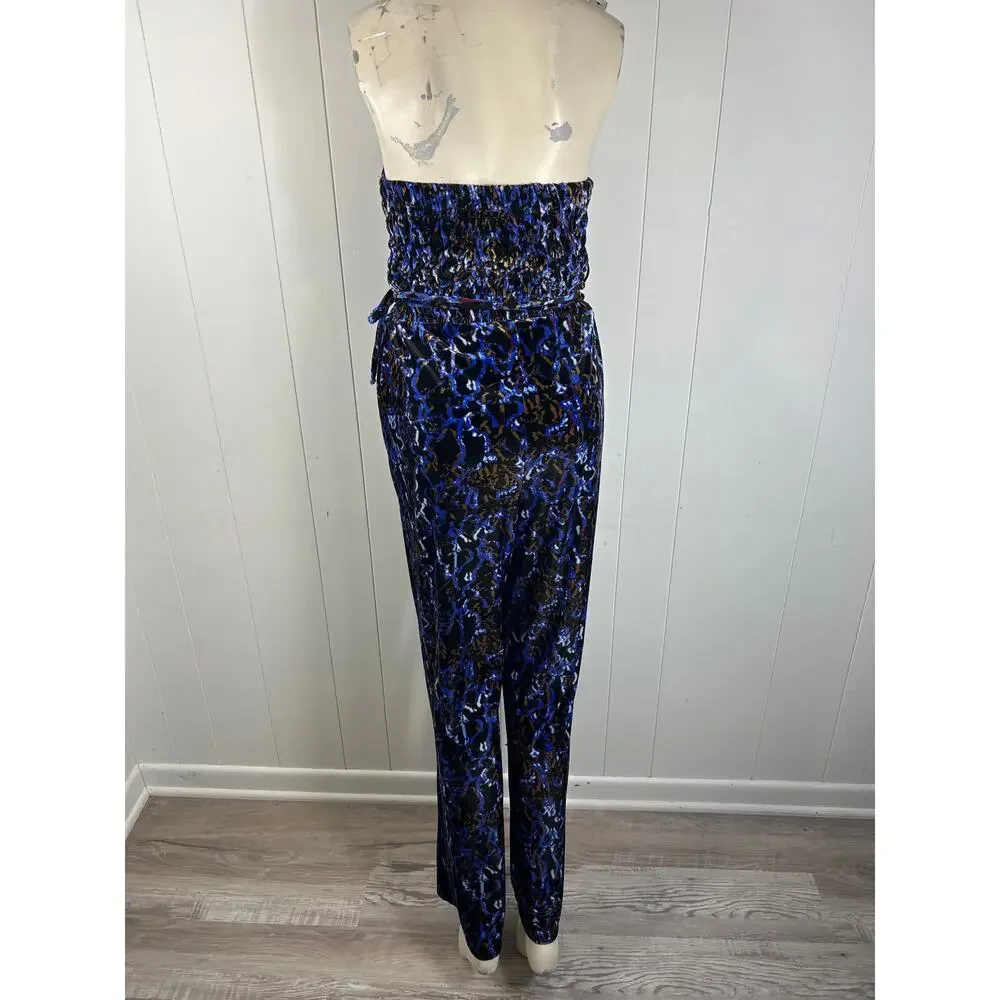 Open Edit Womens Velour Jumpsuit Stretch Strapless Printed Blue Size L. NWOT - Picture 6 of 8
